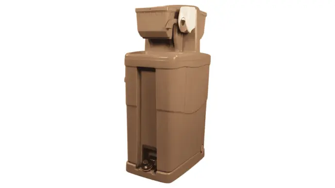 Two-station hand wash unit for outdoor hygiene needs