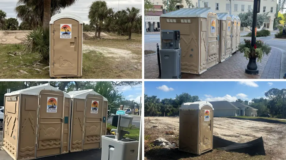 grid of gulf coast portable restrooms set up at events and construction sites across southwest florida