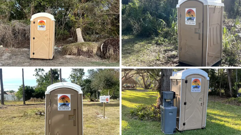 grid of gulf coast portable restrooms set up at events and construction sites across southwest florida